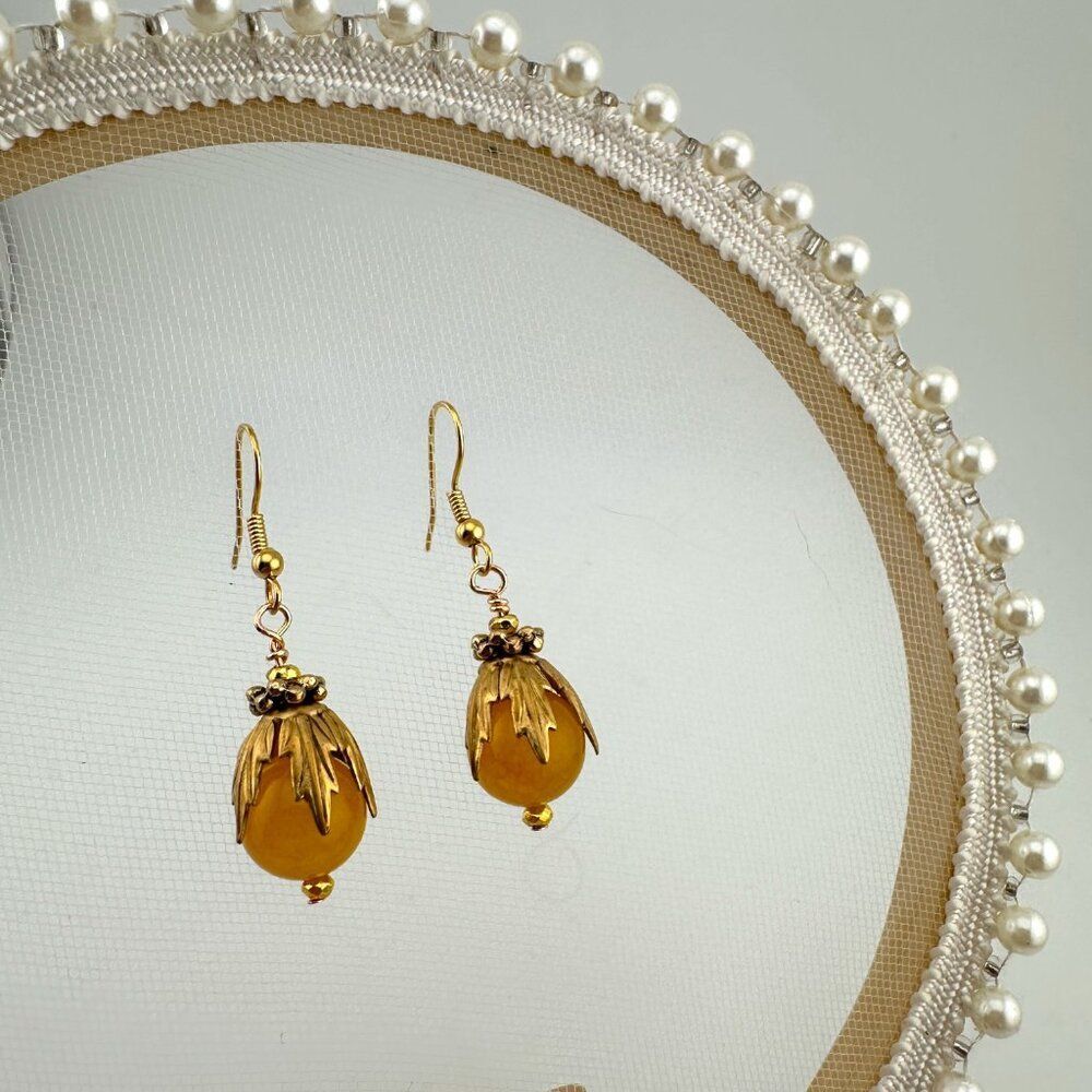 Natural Yellow Jade Earrings Gold Plated Ear Wires 2" Drop